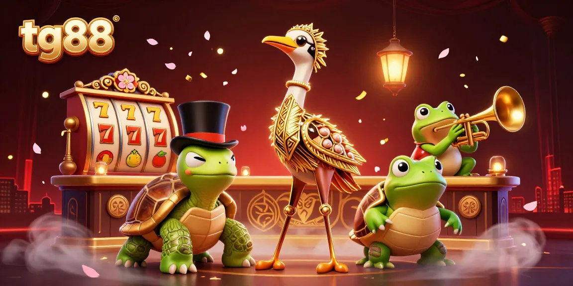 Engage with tg88's vibrant casino scene featuring cartoon characters, slot reels, and rich visual elements.