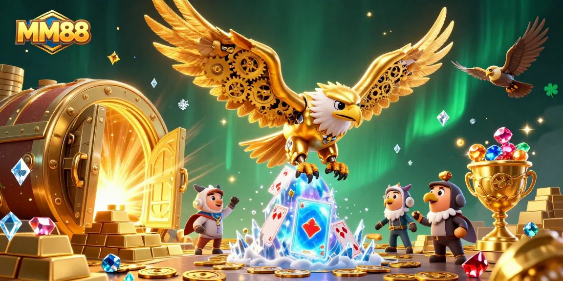 Experience thrilling MM88 gaming with vibrant golden eagle and holographic cards.