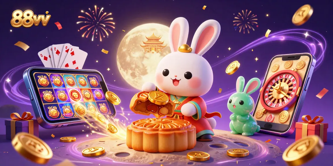 Immerse in 88vv's vibrant gambling scene with a moon rabbit celebrating jackpots amid festive games.
