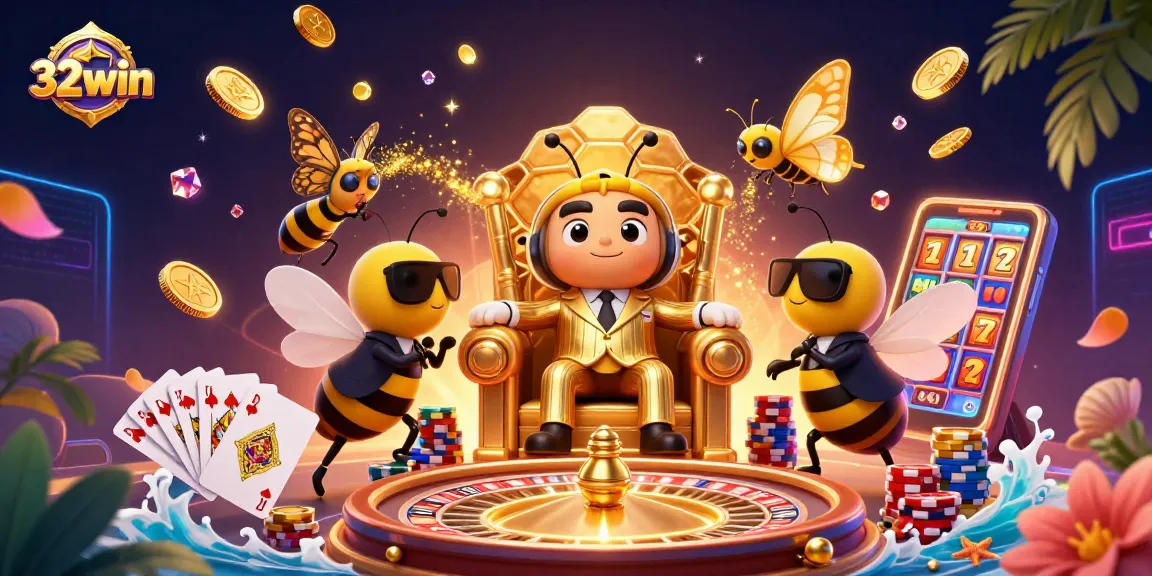 Win big with 32win in a vibrant 3D casino scene filled with action and excitement.