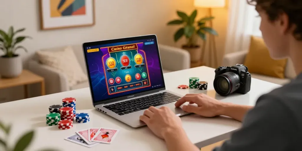 The excitement of online Casino Gratuit gaming from a cozy home environment with a laptop, chips, and warm lighting.