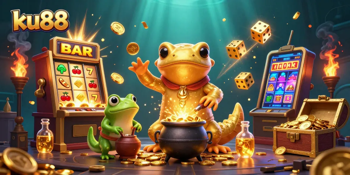 ku88 showcases a magical scene with a giant salamander alchemist stirring gold coins in a vibrant casino