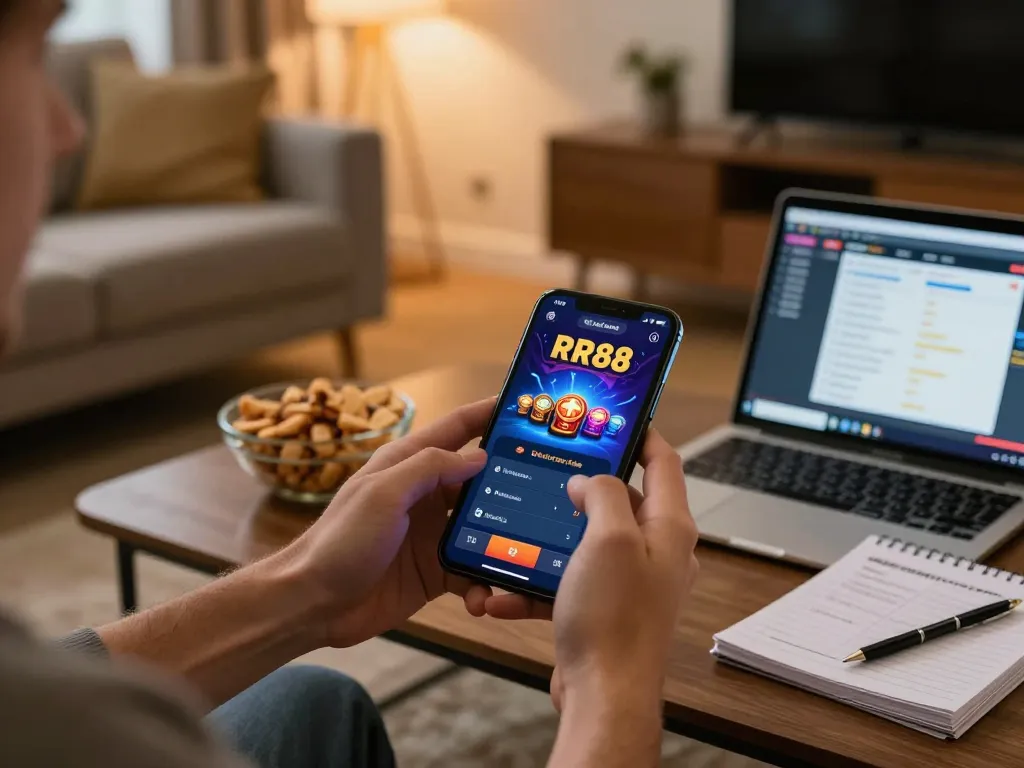 Player enjoying RR88 online casino experience on smartphone in a cozy home setting