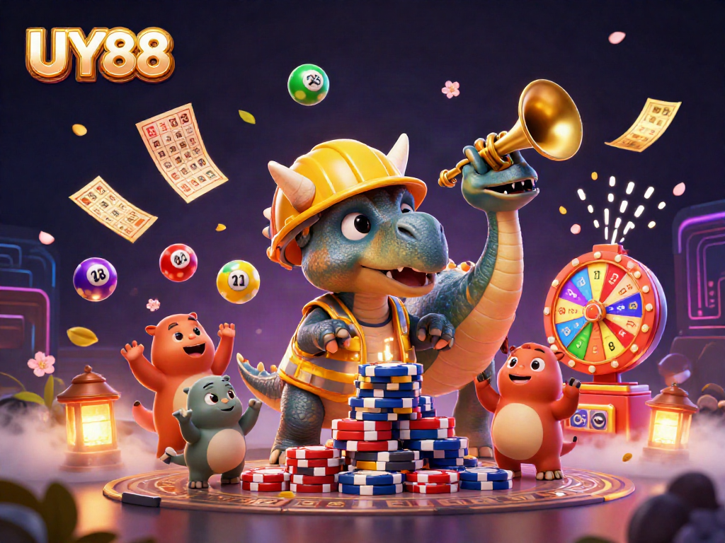 Join the thrilling UY88 adventure as the triceratops builds a poker chip pyramid amid a celebration.