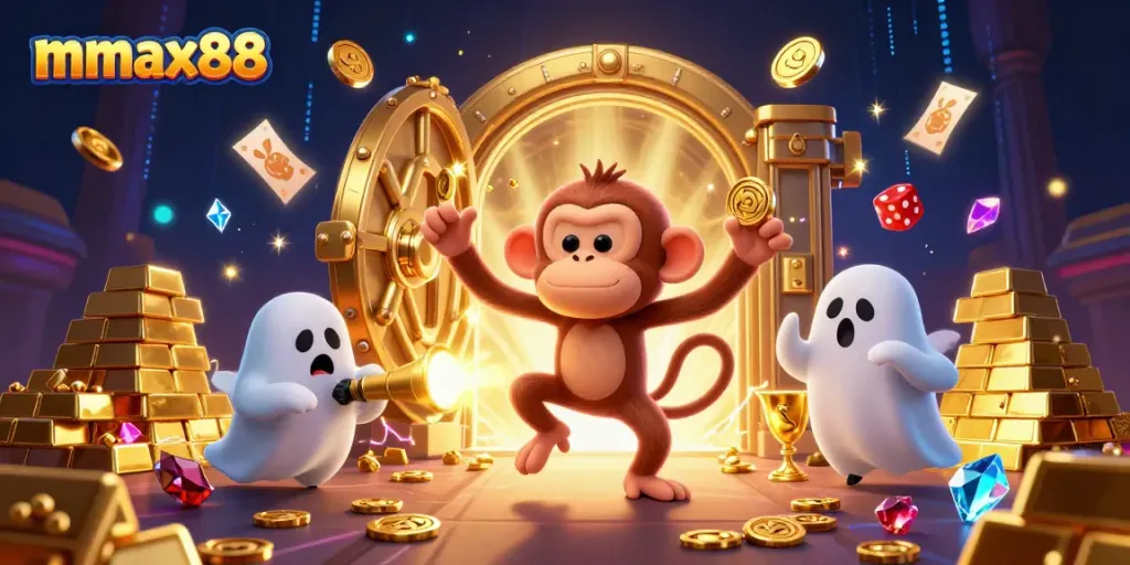 Join in the exciting gameplay at mmax88 where a mischievous monkey juggles golden casino treasures.
