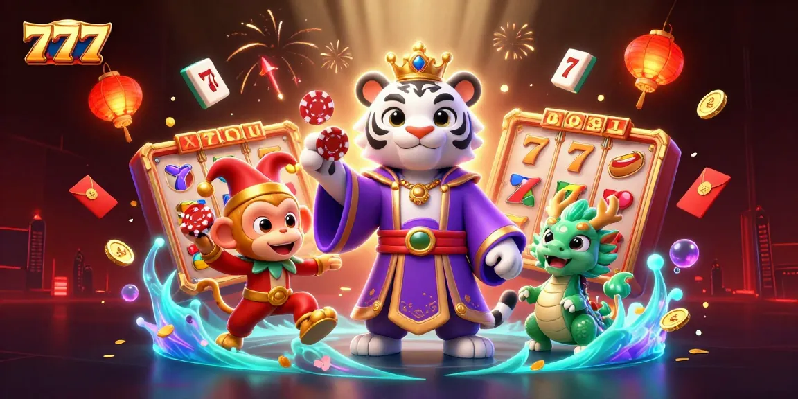 Experience the thrill of 777 slots with an energetic scene featuring a majestic tiger, playful monkey, and jade dragon amidst vibrant gaming elements.