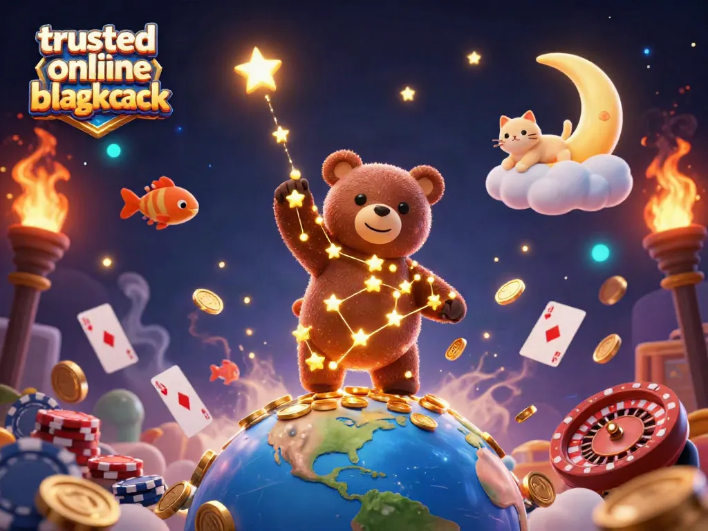 Experience trusted online blackjack with vivid 3D illustration of a constellation bear and dynamic casino elements.