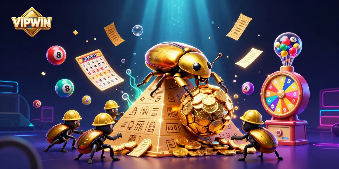 Experience VIPWIN with a vibrant 3D illustration celebrating casino excitement and lottery thrills.