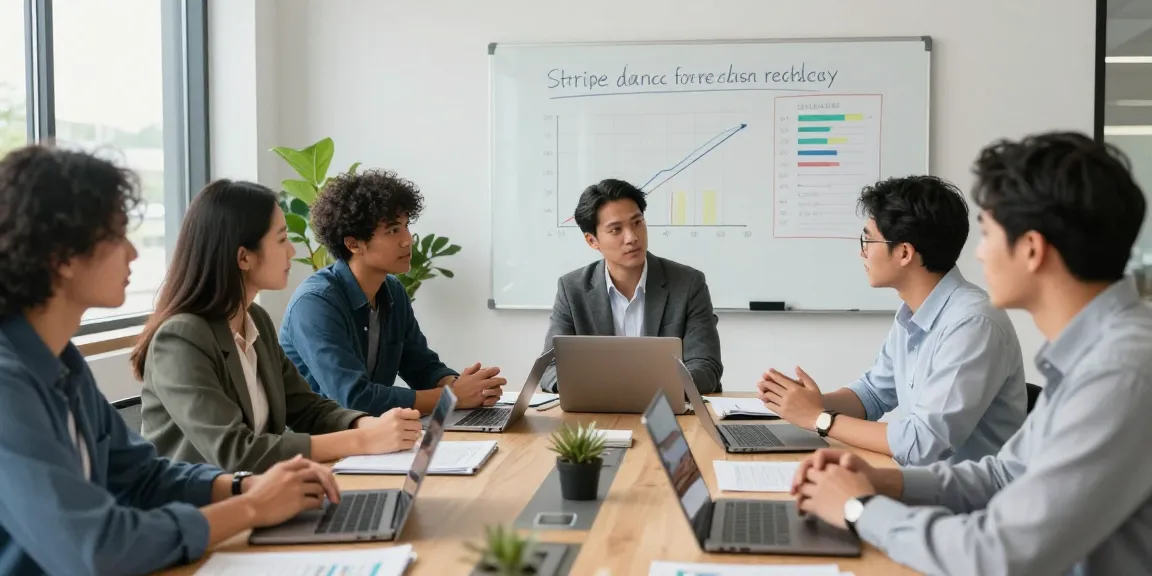 Team discussing strategies for a Stripe merchant cash advance in a modern office.