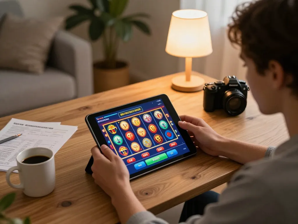 Engaged player enjoying slot luar negeri on a tablet at home, showcasing vibrant casino gaming interface.