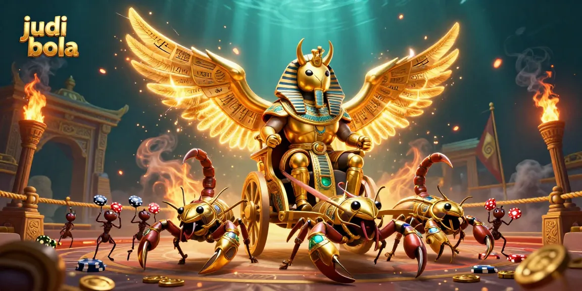 Engage in judi bola with a majestic scene featuring a golden scarab beetle and scorpions in an exciting betting arena.