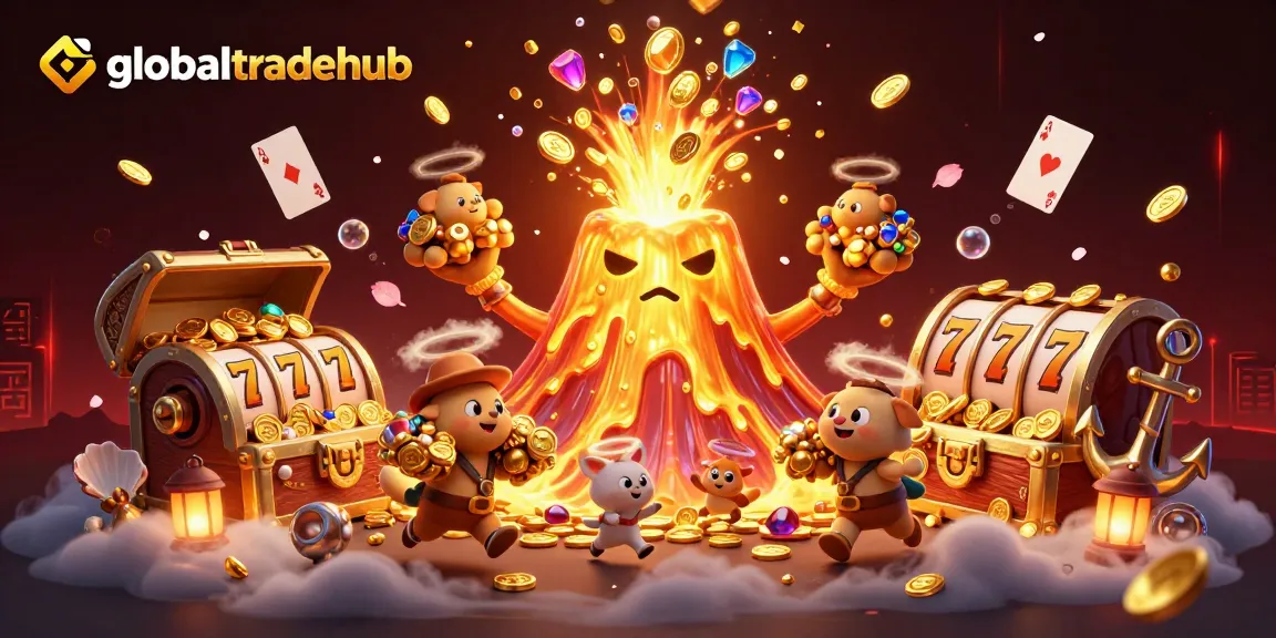 Experience thrilling slots at globaltradehub with a fun treasure-themed eruption of gold and gems.