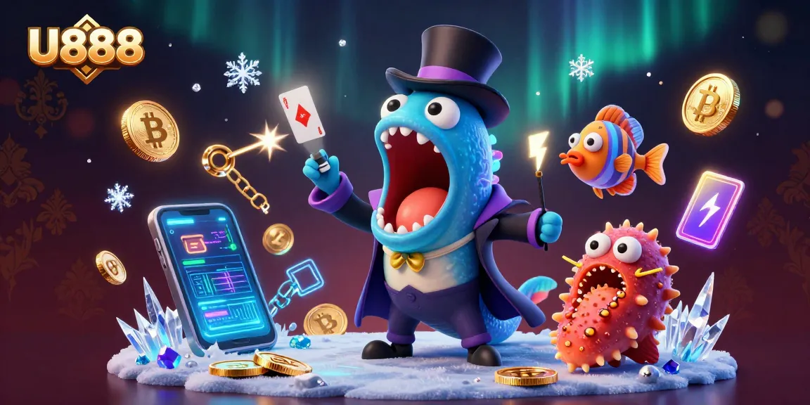 Experience the thrill of U888 with vibrant elements of online gambling in an engaging 3D illustration.