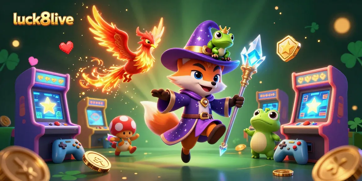 Experience exciting wins with luck8live in this detailed 3D casino illustration full of characters and games.