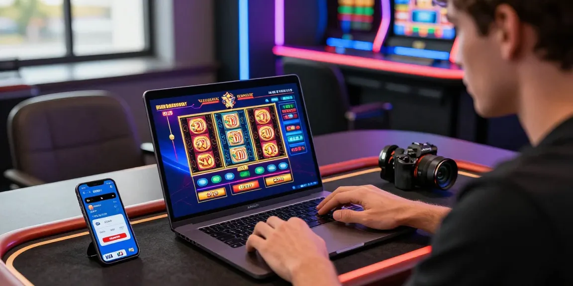 Engaging scene of a player at a modern online credit card casino, showcasing a laptop with colorful games and easy credit card deposits.