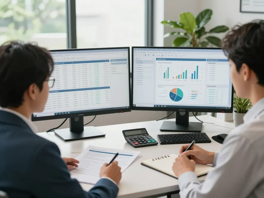 SMSF Accountant consulting with a client in a modern office, showcasing financial data and personalized service.