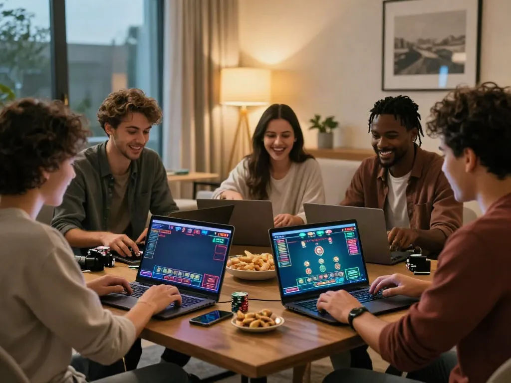 Casino sans Depot gaming scene with friends enjoying online games together, creating an engaging atmosphere.