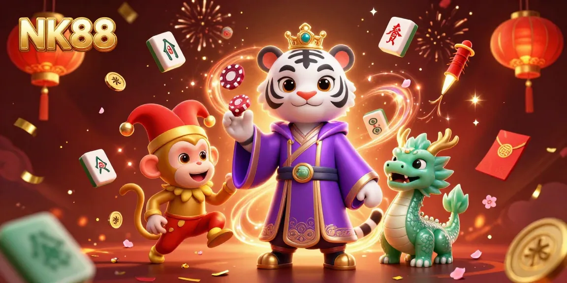 Experience the thrill of NK88 with a vibrant casino-themed 3D illustration featuring a tiger and casino elements.