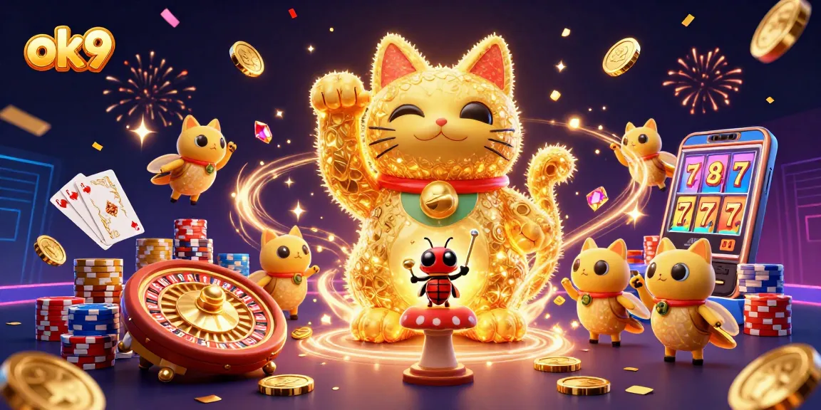 Experience thrilling gameplay at ok9 with a golden lucky cat and vibrant casino elements