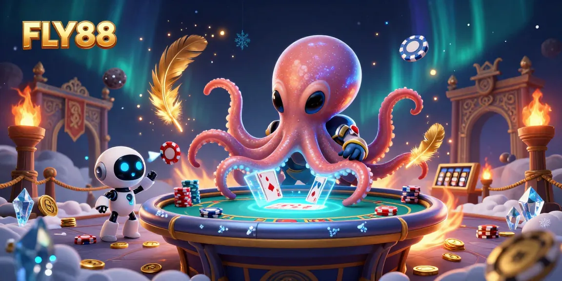 FLY88 alien octopus deals poker cards, creating an exciting cosmic gambling scene.