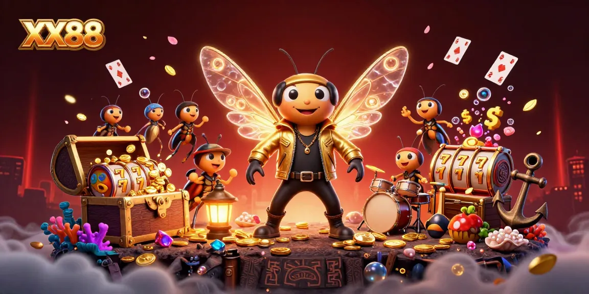 Experience the excitement of XX88 with a dynamic casino-themed 3D illustration featuring unique characters and elements.