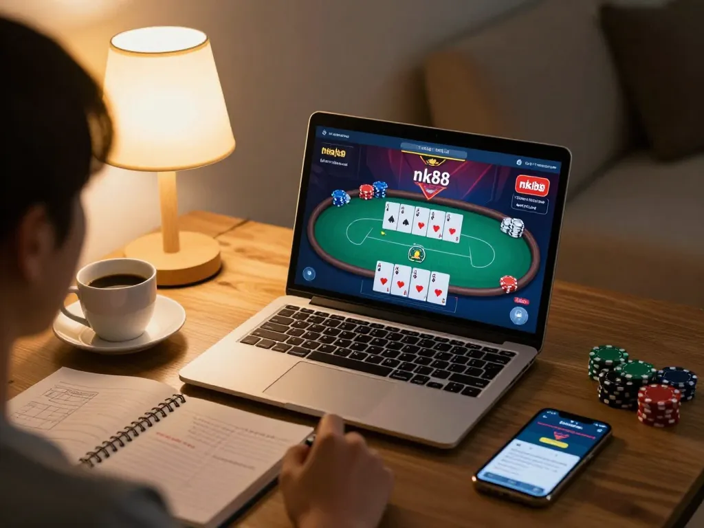 Play poker online using nk88 link on laptop, strategic gameplay amidst a cozy home setting.