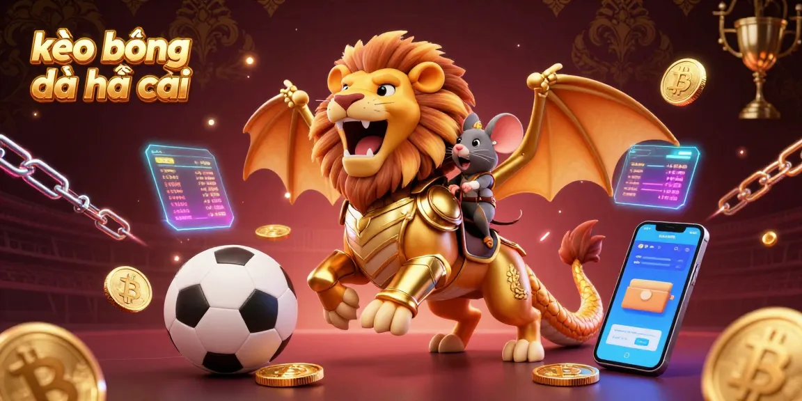 Engage with kèo bóng đá nhà cái in a vibrant sports betting scene featuring a golden chimera and cryptocurrency elements.