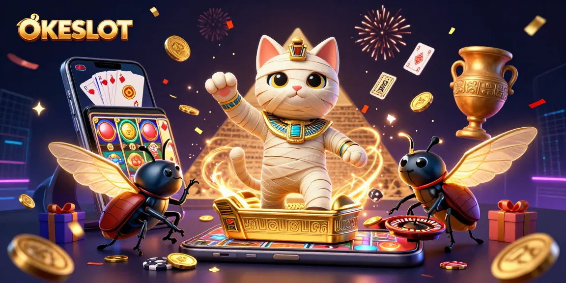 OKESLOT menampilkan permainan slot dengan mumi kartun dan koin emas yang mengalir di kasino.