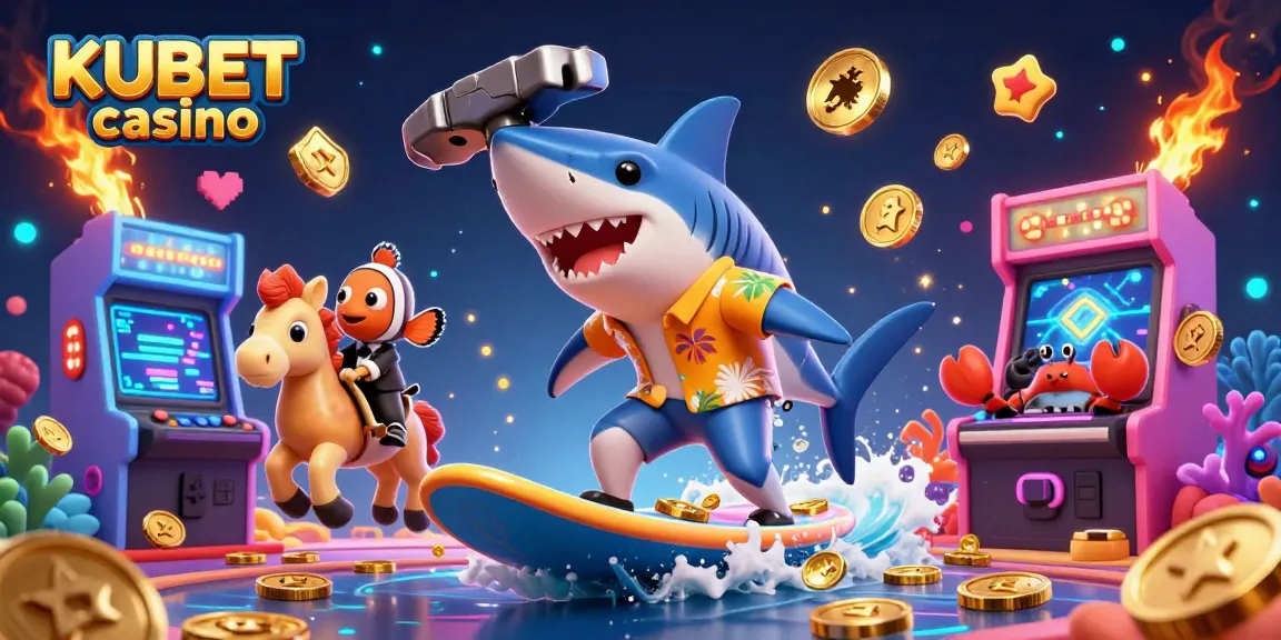 KUBET casino showcases thrilling gameplay with cartoon characters surfing gold coins, embodying excitement and fun.