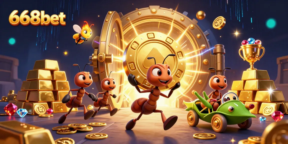 Engage with 668bet's thrilling games while watching cartoon ants and friends in a vibrant casino heist scene.