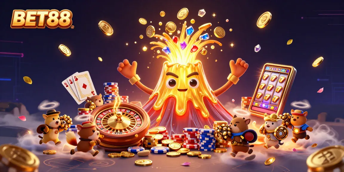 BET88 features a vibrant 3D illustration of a golden volcano erupting with treasures, attracting online gamblers.