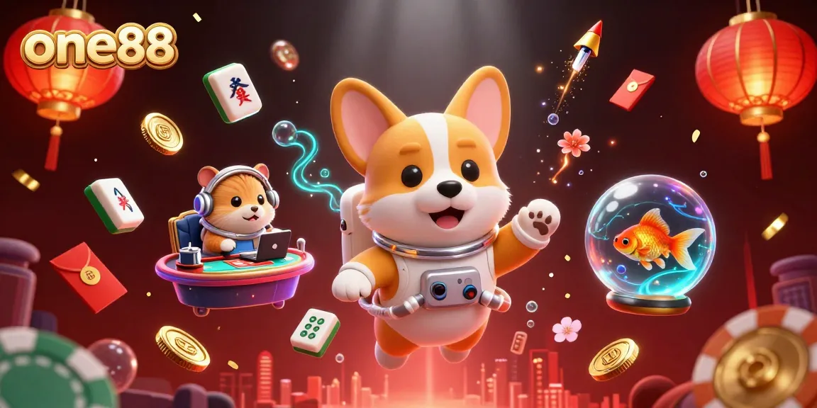 Experience the excitement of one88 with a vibrant casino scene featuring floating poker chips and a charming astronaut corgi.