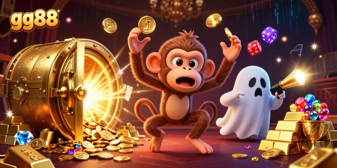 Experience the thrill of gg88 casino with a cartoon ghost monkey juggling gold coins in a haunted setting.