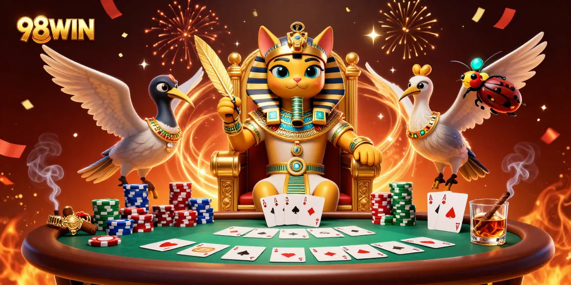 Experience the excitement of gambling with 98WIN, featuring thrilling poker elements in a vibrant casino scene.