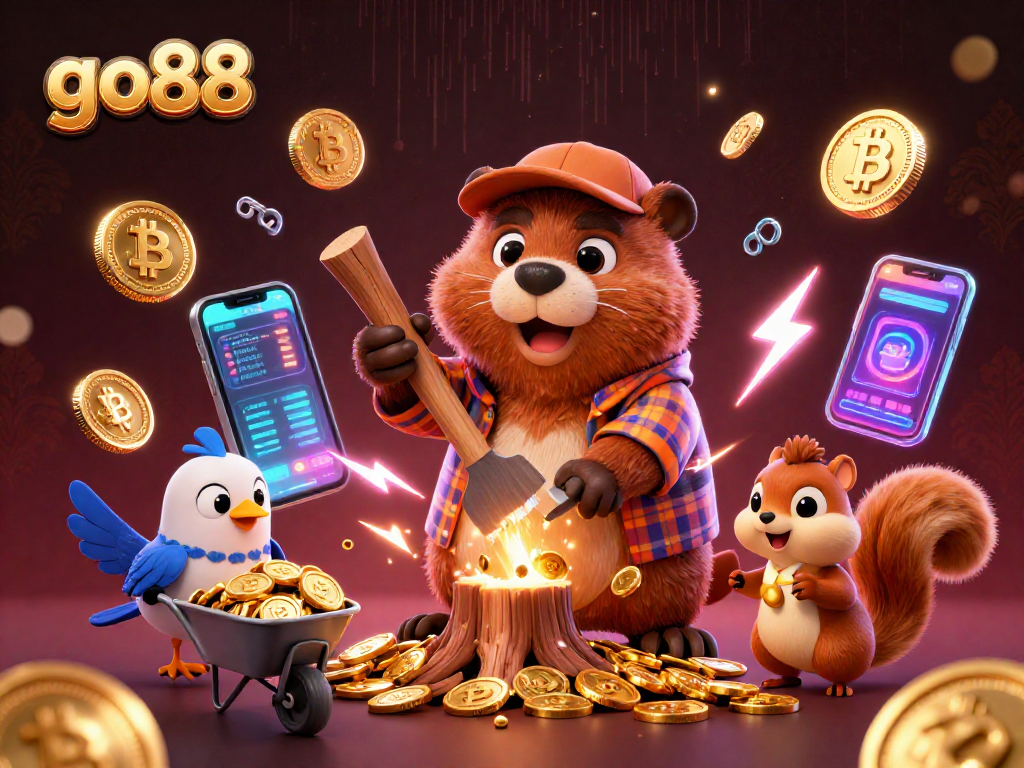Experience the excitement of go88 with a 3D cartoon beaver collecting gold coins in a vibrant casino scene.