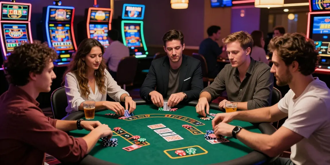 Friends enjoying a lively credit card casino gaming night at a poker table.
