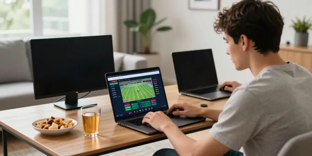 Enthusiastic user engaging with FABET betting platform in a modern home, showcasing dynamic online gaming experience.