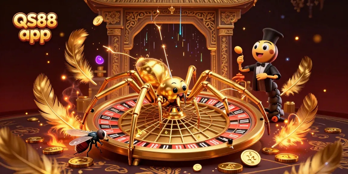 Experience gambling excitement with QS88 app featuring a golden spider and a centipede croupier creating an alluring casino scene.