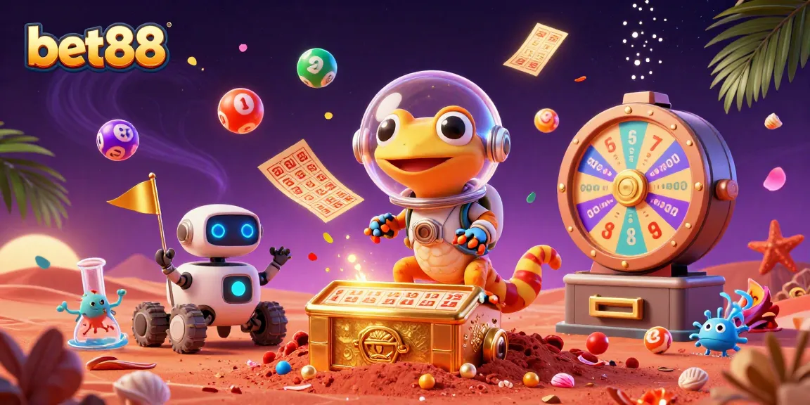 Bet88: Spin colorful lottery balls and golden tokens in an exciting alien casino scene.