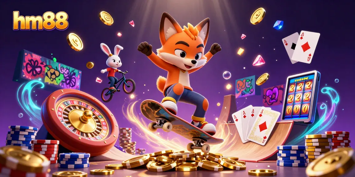 Experience thrilling gaming at hm88 featuring lively characters amidst casino elements and vibrant visuals.