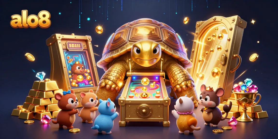 Play thrilling games at alo8 with a colossal tortoise, treasures, and vibrant casino elements.