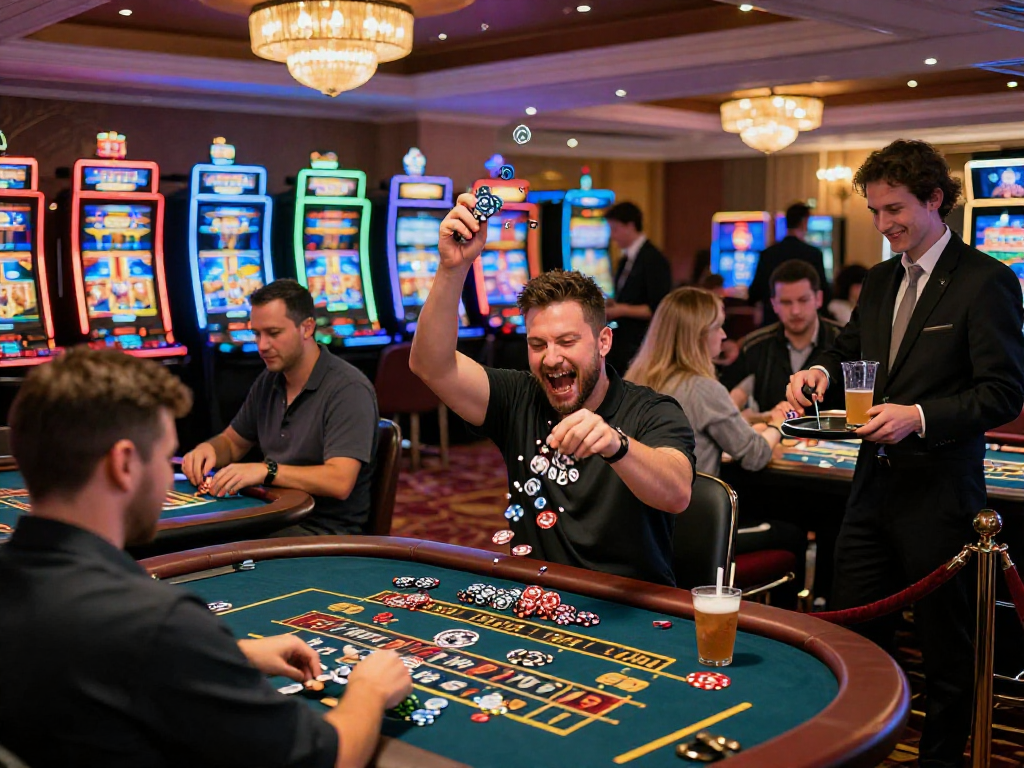 Giocatori felici al casinò non AAMS con giochi da tavolo e slot luminosi.
