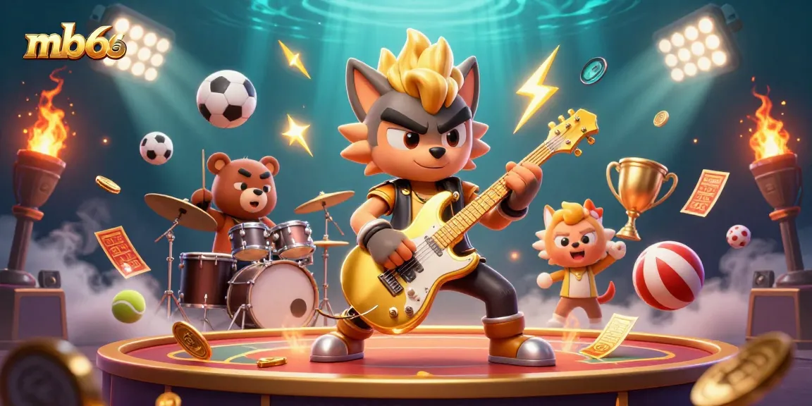 Experience exciting gaming with mb66—dynamic 3D casino scene featuring a rock star wolf and sports elements.