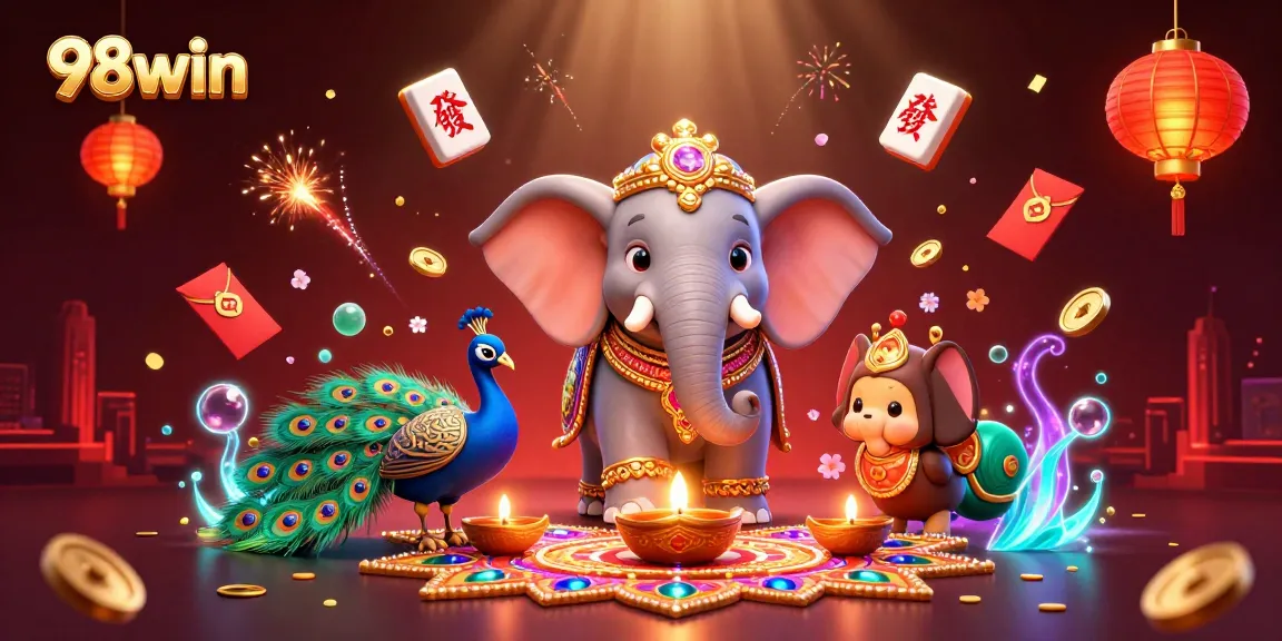 Bet and win big at 98win with dynamic 3D casino-themed illustration showcasing vibrant game elements.