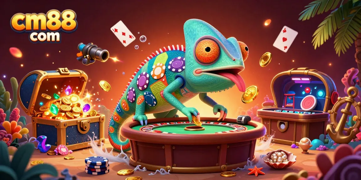 Experience thrilling moments at cm88 com, where vibrant casino elements and a colorful chameleon enhance the excitement.