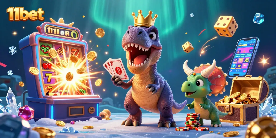 Experience thrilling wins and excitement at 11bet with friendly dinosaur characters amidst a dynamic casino scene.