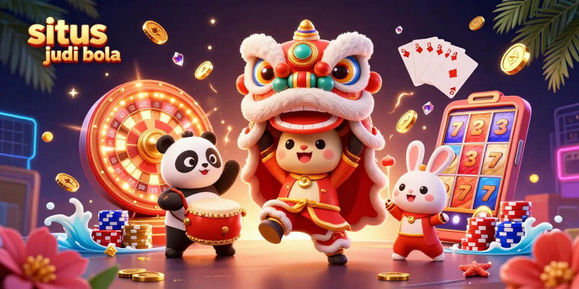 Engage in situs judi bola with a vibrant 3D scene of lion dance, panda, and casino excitement