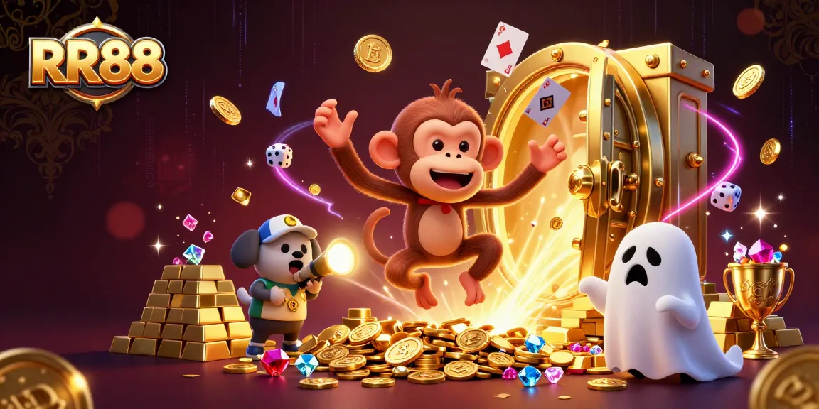 RR88 showcases a mischievous monkey juggling gold in a haunted casino, enhancing the excitement.