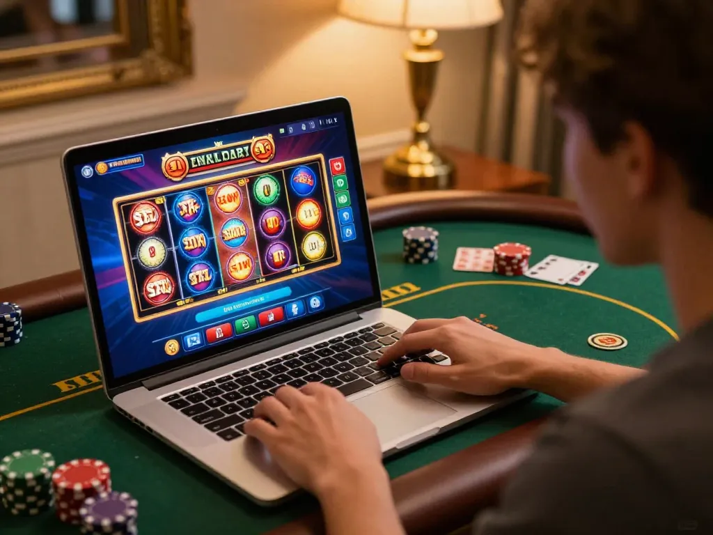 Player enjoying various TR88 games on a luxurious laptop at home, emphasizing online gaming.