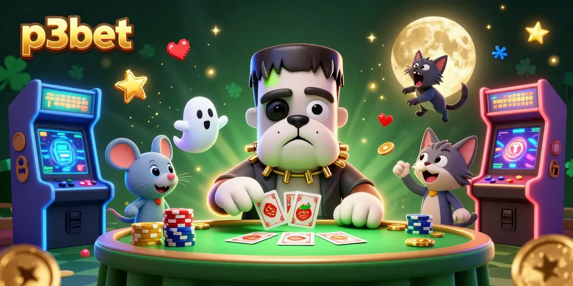 Experience thrilling gameplay at p3bet with a spooky green-lit casino scene featuring vibrant characters and games.